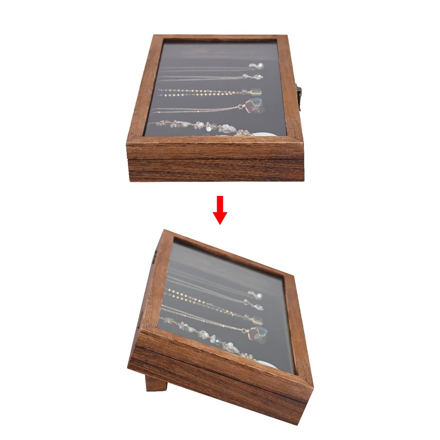 MOOCA Tempered-Glass Top Wooden Jewelry Display Case with Removable Base, Black Luxurious Velvet Jewelry Display Pad & 20 Removable Pins, Deeper 2.2" Design for Collectibles, Brown Color