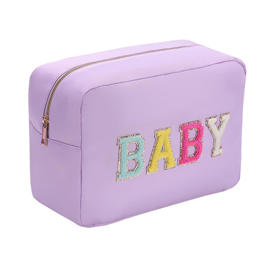 YogoRun Large Toiletry Bag Glitter Chenille Make Up Bag for Traveling Makeup Travel Organizer for Women Nylon Cosmetic Pouch with Zipper Pocket (XL,Purple-Baby)