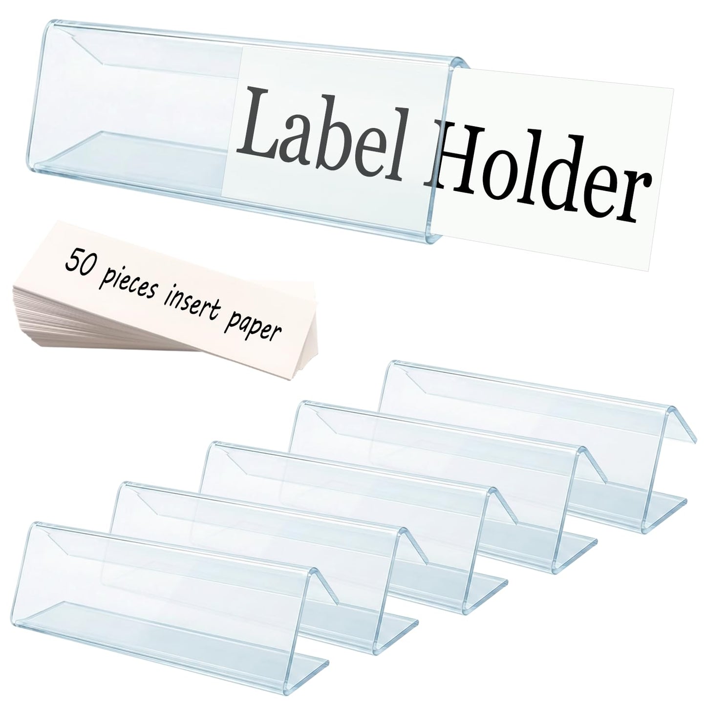 Shelf Label Holder, ELEMGULY 50 Pack Wood Shelf Label Holders Plastic Shelf Label Clip Clear Shelf Sign with 50 Pack Label Inserts for Home Office Library Shelves