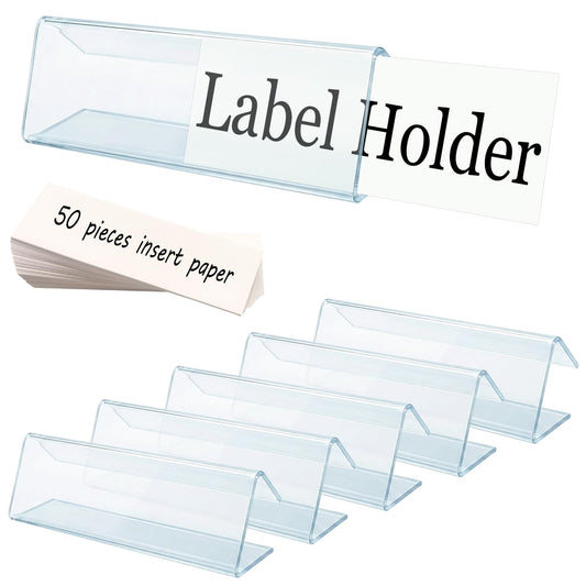 Shelf Label Holder, ELEMGULY 50 Pack Wood Shelf Label Holders Plastic Shelf Label Clip Clear Shelf Sign with 50 Pack Label Inserts for Home Office Library Shelves