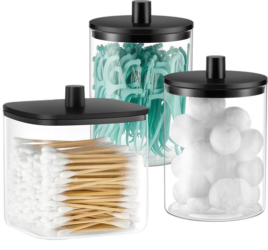 3 Pack Glass Qtip Holder Dispenser- 10 oz Clear Canister Apothecary Jar, Bathroom Vanity Storage Organizer Set for Cotton Swabs, Pads, Floss Picks, Small Containers for Makeup Storage (Black)