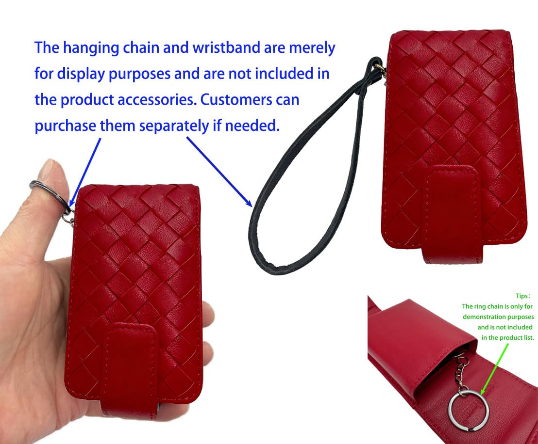 AgentMoon Luxury Handheld Lipstick Pouch with Mirror,Genuine Leather Lip Balm Case with Clamshell Magnetic Hidden Clasp and Hook for Chain.Portable Travel Cosmetic Case for Women Gift. (Red Woven)