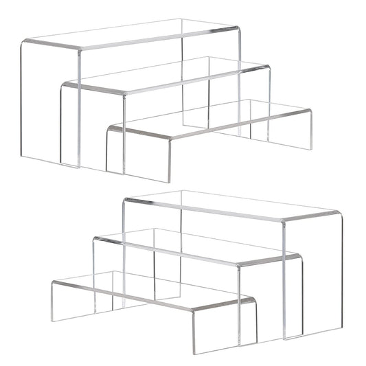 ANDGOO Large Acrylic Display Risers, 2 Sets(11.2”L~11.6”L~12”L) Clear Rectangular Showcase Collectibles Display Shelf, Retail Desktop Risers Display Stand for Organize and Decoration