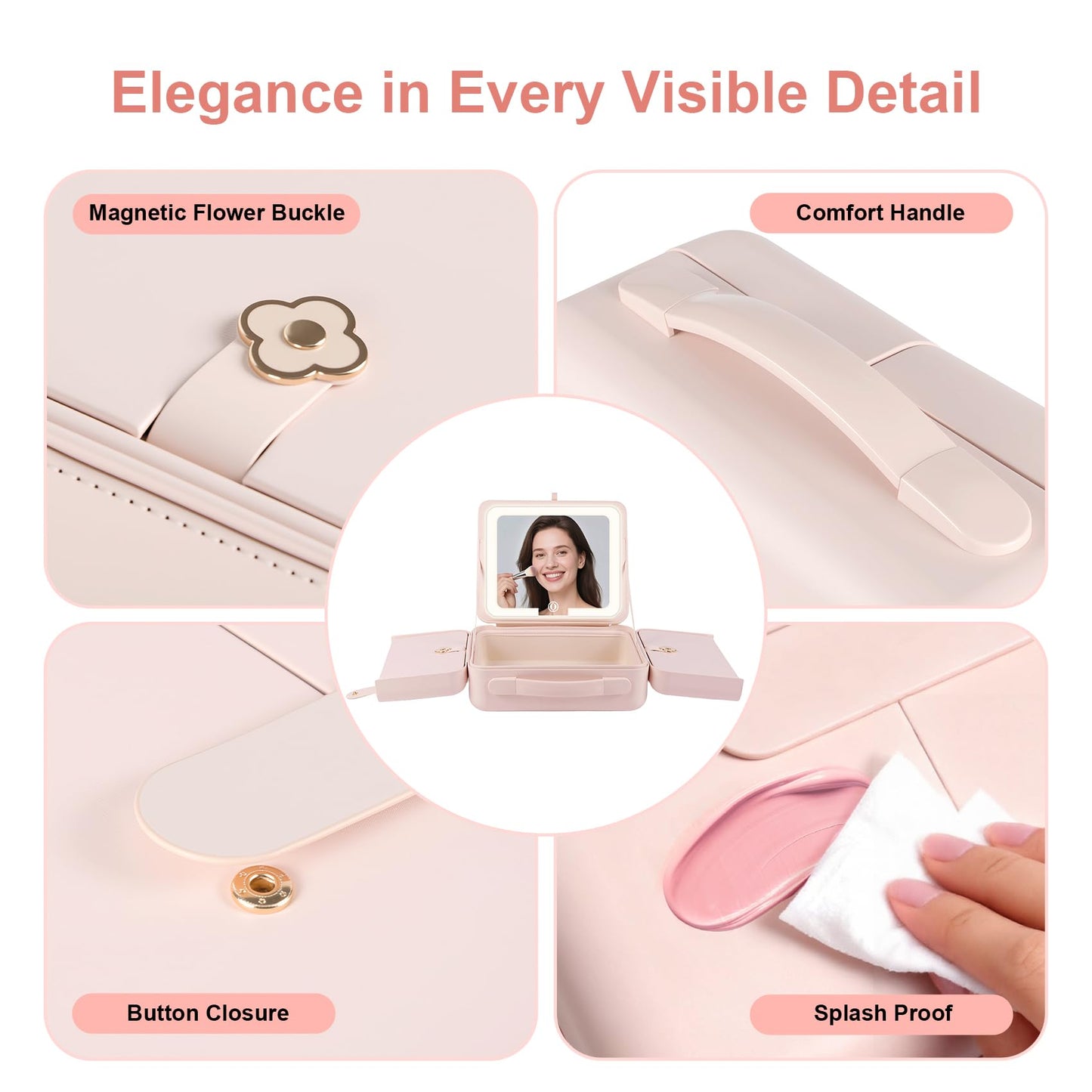 BEAUTY CASE Makeup Case with LED Light & Magnetic Mirror, 12 Inch Portable Travel Cosmetic Organizer Bag with 3 Partitions, Rechargeable, Large Capacity, Bright Lighting, Gift for Women Girls, Pink