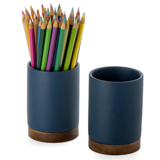 Pen Holder for Desk, Ceramic Pencil Organizer & Makeup Brush Holder, Office Decor and Desk Accessories，Perfect Office Organization,Teacher Supplies(Royal Blue, Set / 2)