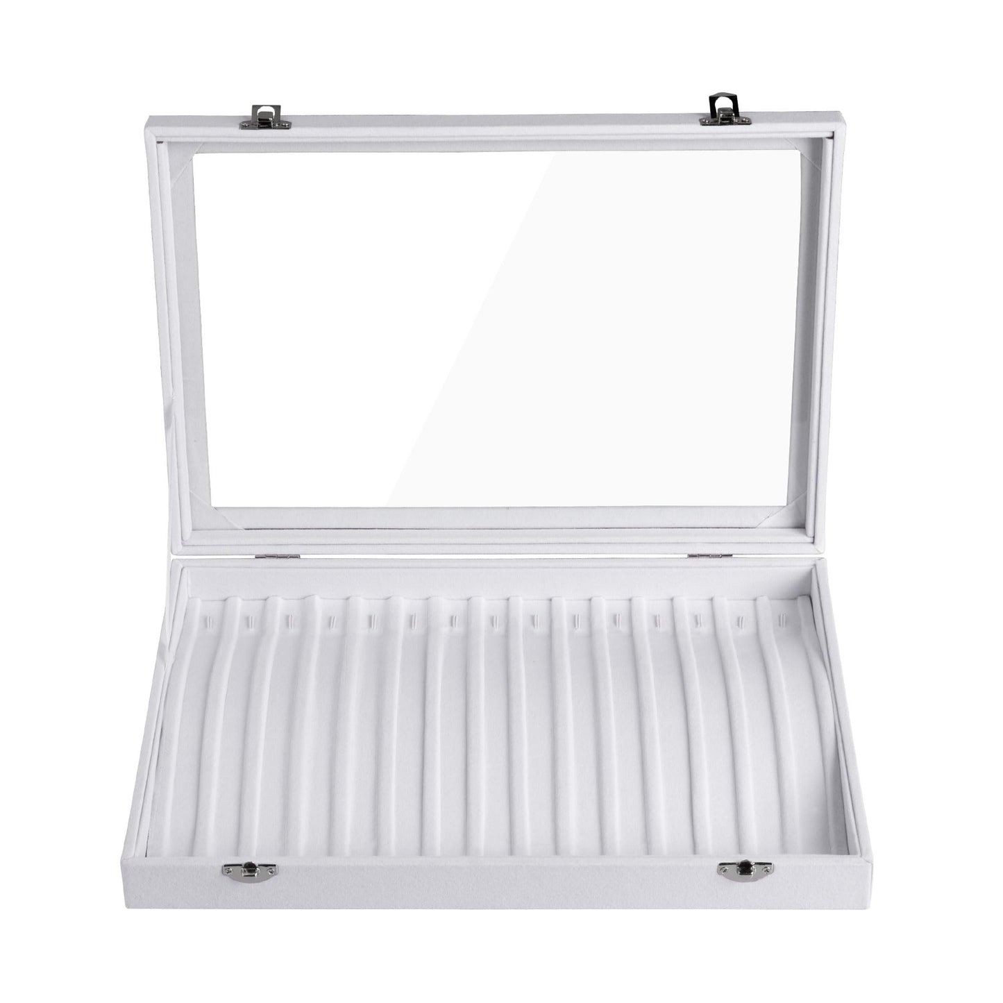 Frebeauty 15 Hooks Necklace Tray,Neckalce Organizer with Clear Lid,Velvet Necklace Holder Box,Jewelry Organizer for Pendants Chains,13.8x9.5x2 inches Necklace Jeweley Tray for Women(White)