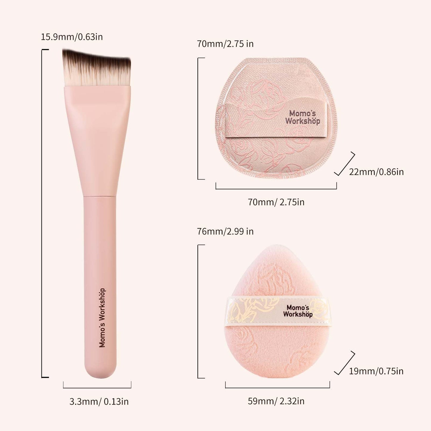 Momo's Workshop Rosy Reverie Trio Makeup Brush and Sponge Set–Satin Rose Edition 3-Piece Kit for Foundation and Powder&Fish Tail Brush, Flat Blending Sponge & Velour Powder Puff for a Flawless Finish