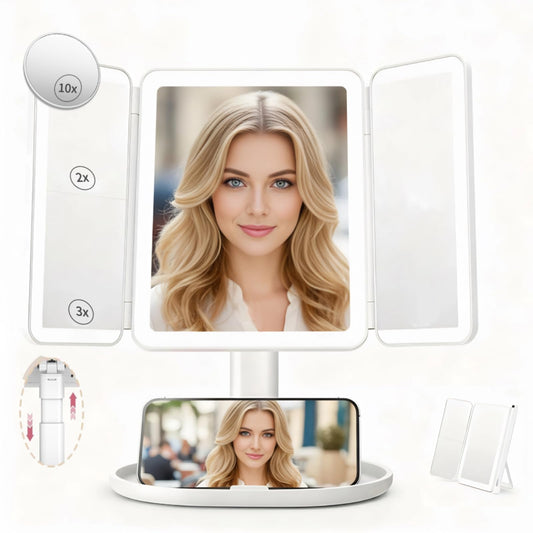 Makeup Mirror with Lights，Vanity Mirror with Lights 2X/3X/10X Magnification, Smart Sensor, Adjustable Stand & Brightness, Travel Makeup Mirror with Type-C Fast Charging 3-Colors, Gifts for Women Girls