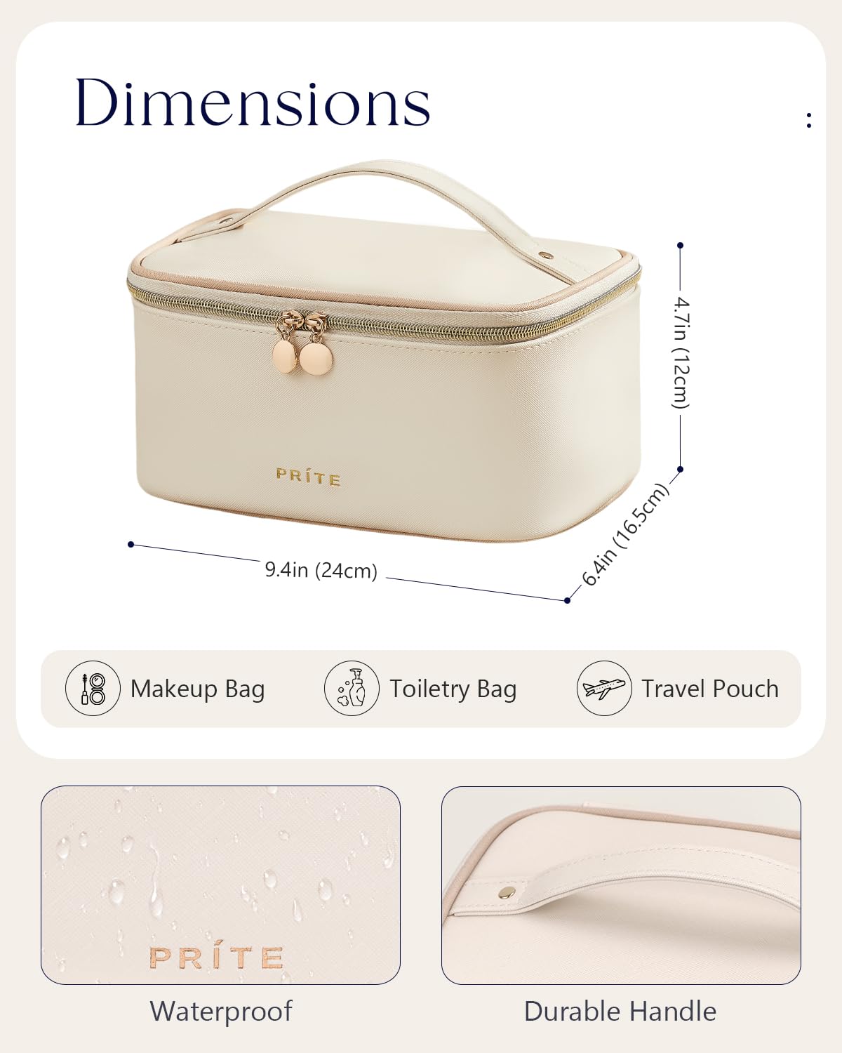 Prite Makeup Bag, Large Capacity Cosmetic Bag for Women and Girls, Waterproof PU Leather Travel Makeup Case, Toiletry Organizer with Handle and Divider for Skincare and Brushes - Beige