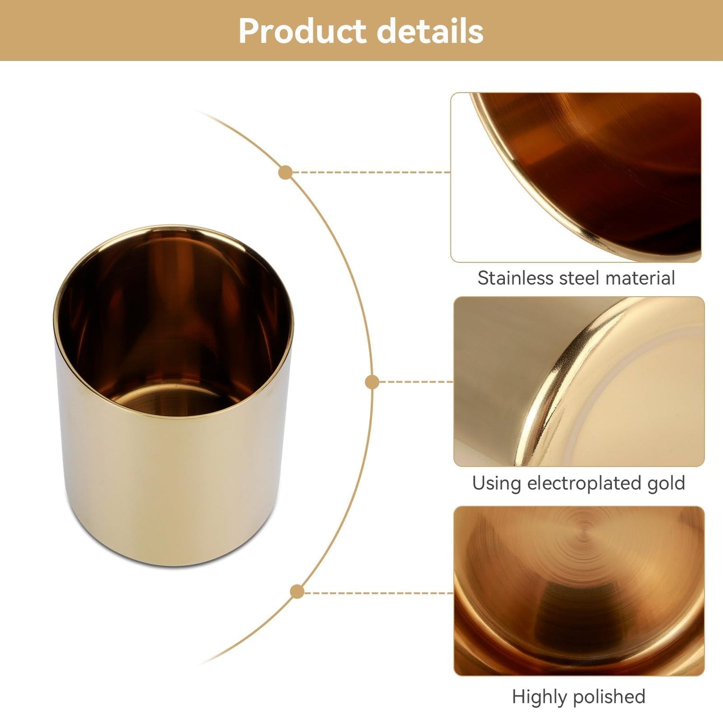 Beufee Pencil Holder, Pen Holder Makeup Brush Holder Gold Pen Pencil Holder Pencil Cup Holder Desk Organizer Table Vases Flower Pot Stainless Steel Makeup Brush Holder For Office Home Gold