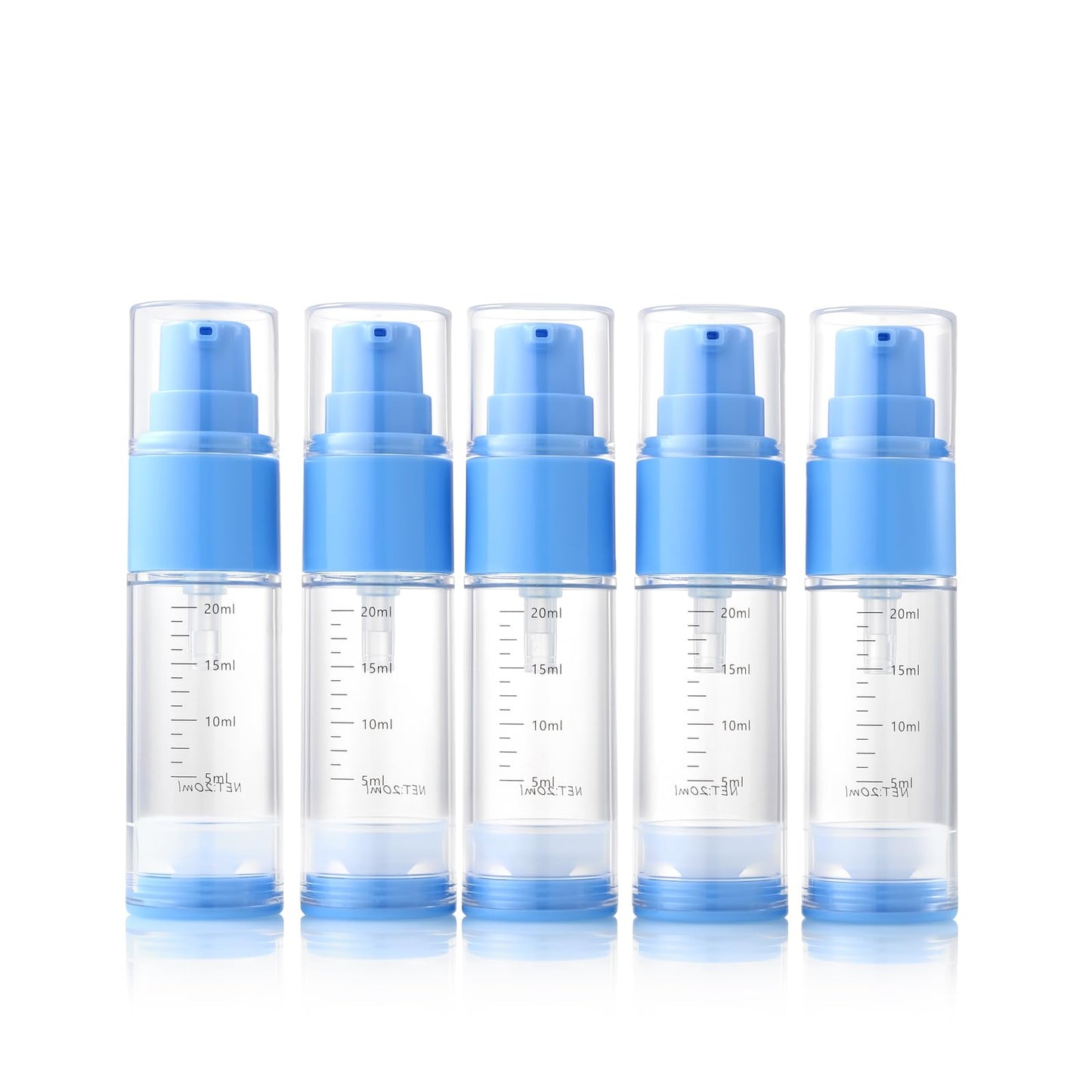 XQNCBY 0.7oz/20ml Travel Airless Pump Bottles, 5 Pack Refillable Vacuum Cosmetic Containers with Clear Organizer Case & Labels, Small Lotion Dispenser Bottles for Skincare, Toiletries & Cosmetics