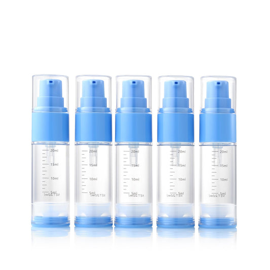 XQNCBY 0.7oz/20ml Travel Airless Pump Bottles, 5 Pack Refillable Vacuum Cosmetic Containers with Clear Organizer Case & Labels, Small Lotion Dispenser Bottles for Skincare, Toiletries & Cosmetics
