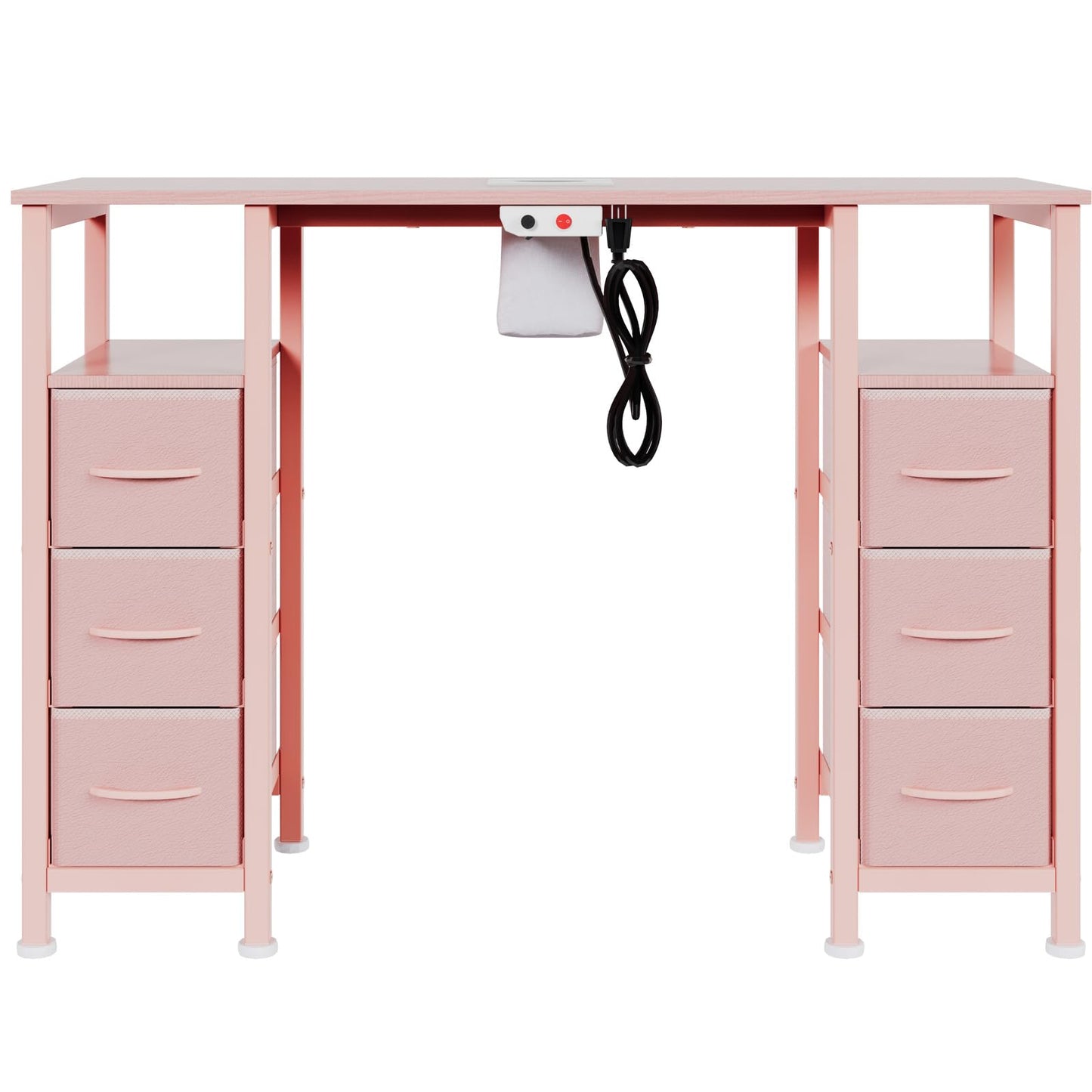 WODRAWER Manicure Table Nail Desk for Nail Tech, Nail Beauty Table w/Electric Dust Collector & 6 Storage Drawers & Open Shelves for Home, Workshop, Makeup Beauty Salon Workstation (Pink)