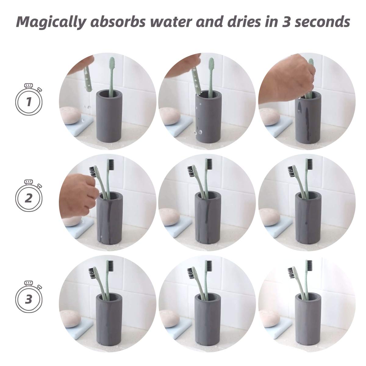 HouseSister Fast-Drying Diatomite Toothbrush Holder - Bathroom Countertop Organizer Stand for Toothpaste, Makeup Brushes, Razors & Accessories (Dark Grey)