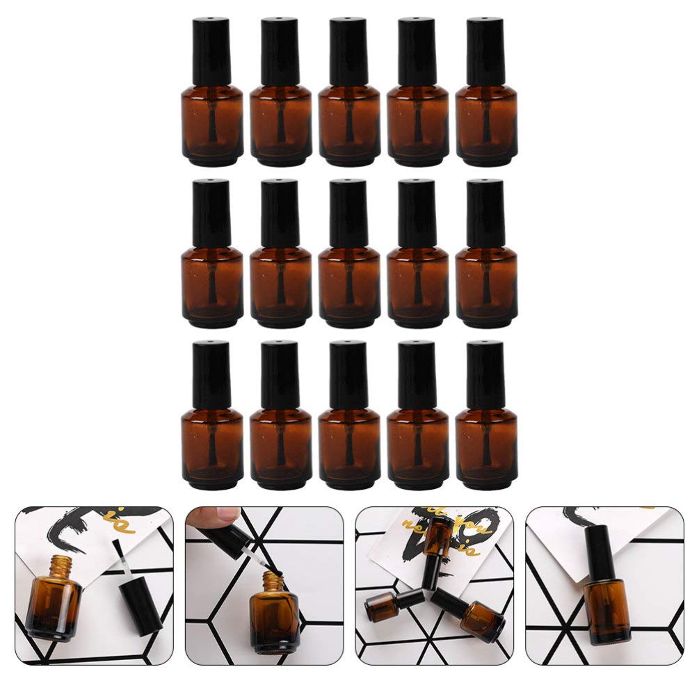 Beaupretty Empty Nail Polish Bottles: 15Pcs Amber Bottle with Brush - Refillable Glass Vials for Diy Nail Art and Cosmetic Liquid Storage 8ML