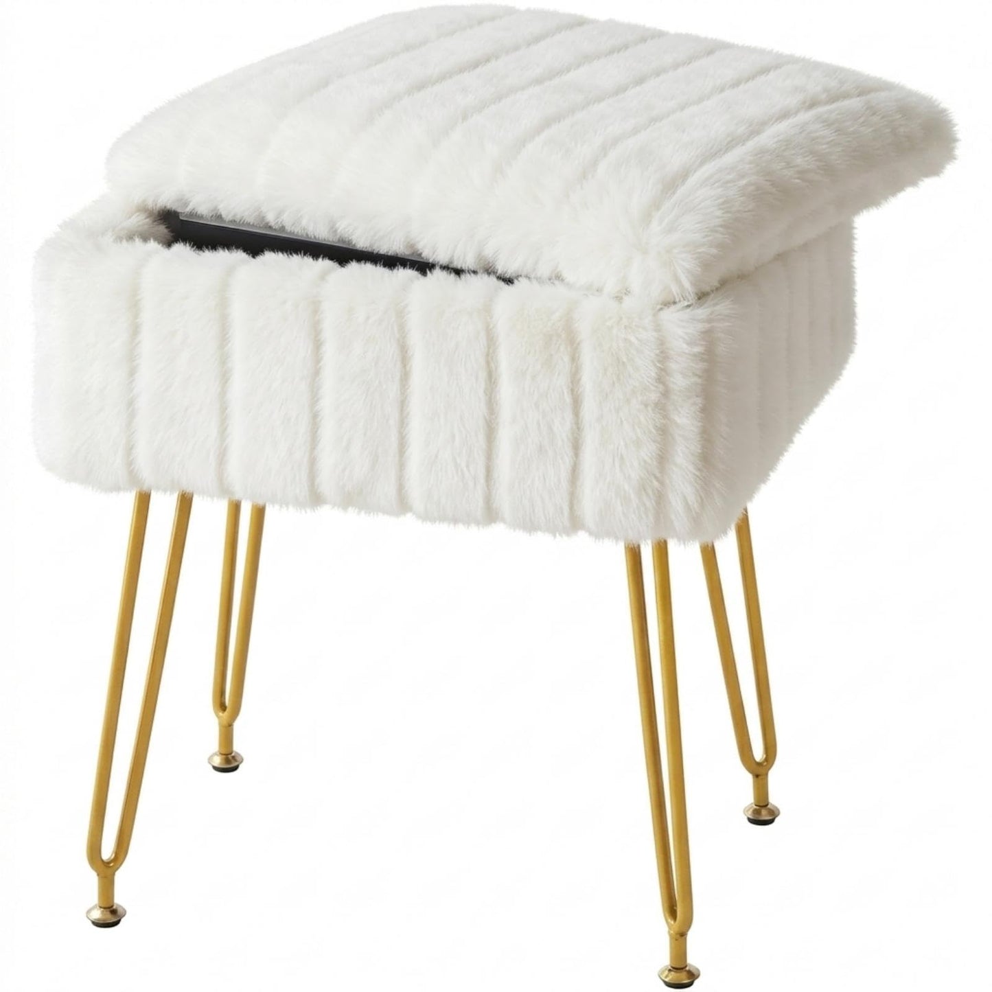 FUXA Vanity Stool Chair with Storage, White Faux Fur Makeup Chair with 4 Metal Legs and Anti-Slip Feet, Soft Padded Seat, Small Footrest Footstool Ottoman, Multifunctional Stool for Bedroom