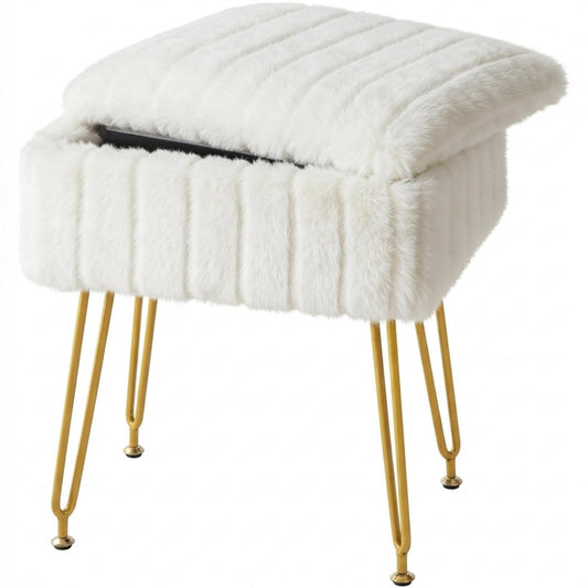 FUXA Vanity Stool Chair with Storage, White Faux Fur Makeup Chair with 4 Metal Legs and Anti-Slip Feet, Soft Padded Seat, Small Footrest Footstool Ottoman, Multifunctional Stool for Bedroom