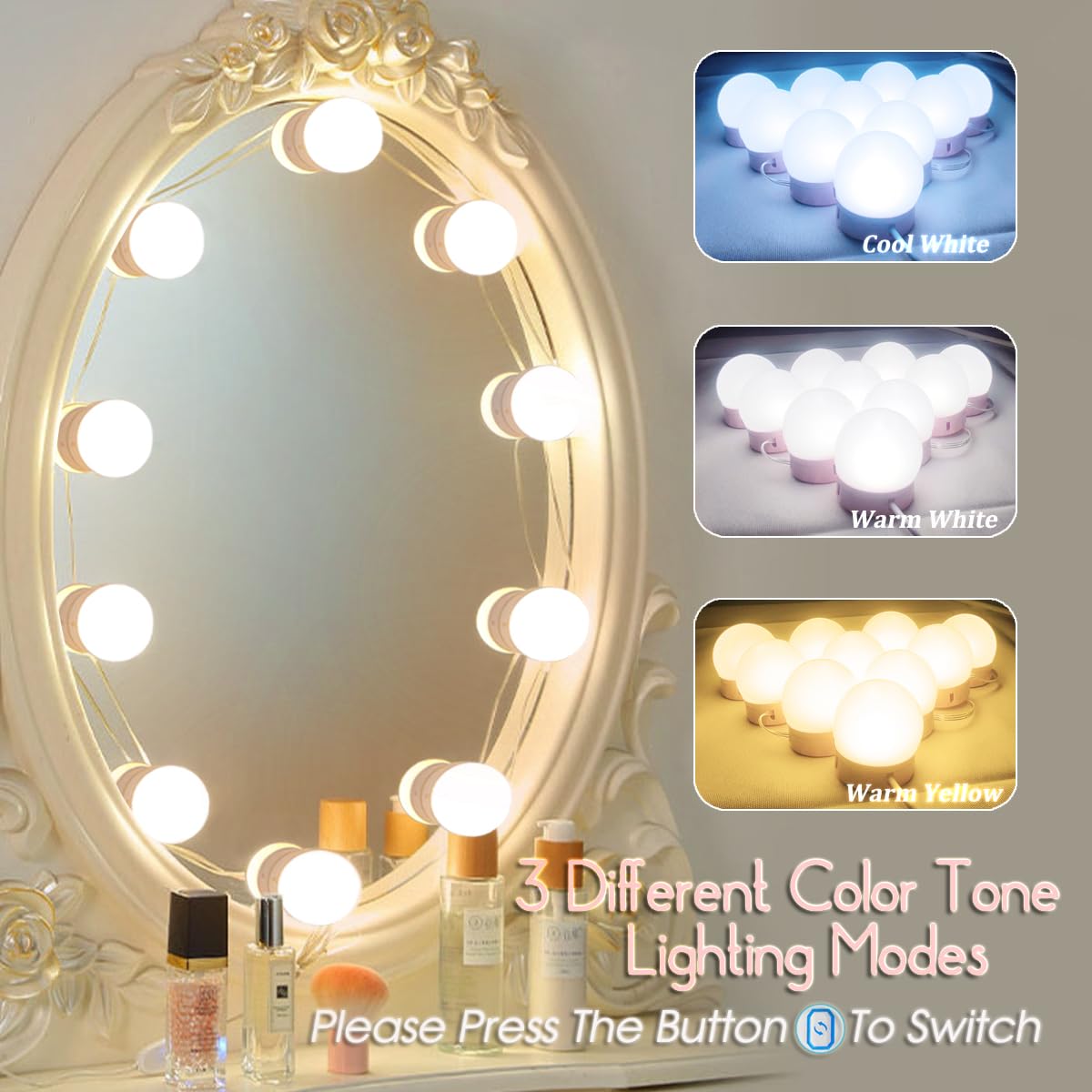 HELOIE Led Vanity Mirror Lights, Vanity Lights for Makeup Dressing Mirror Lighting,10 Dimmable Bulbs,Adjustable Light Color & Brightness,USB Cable