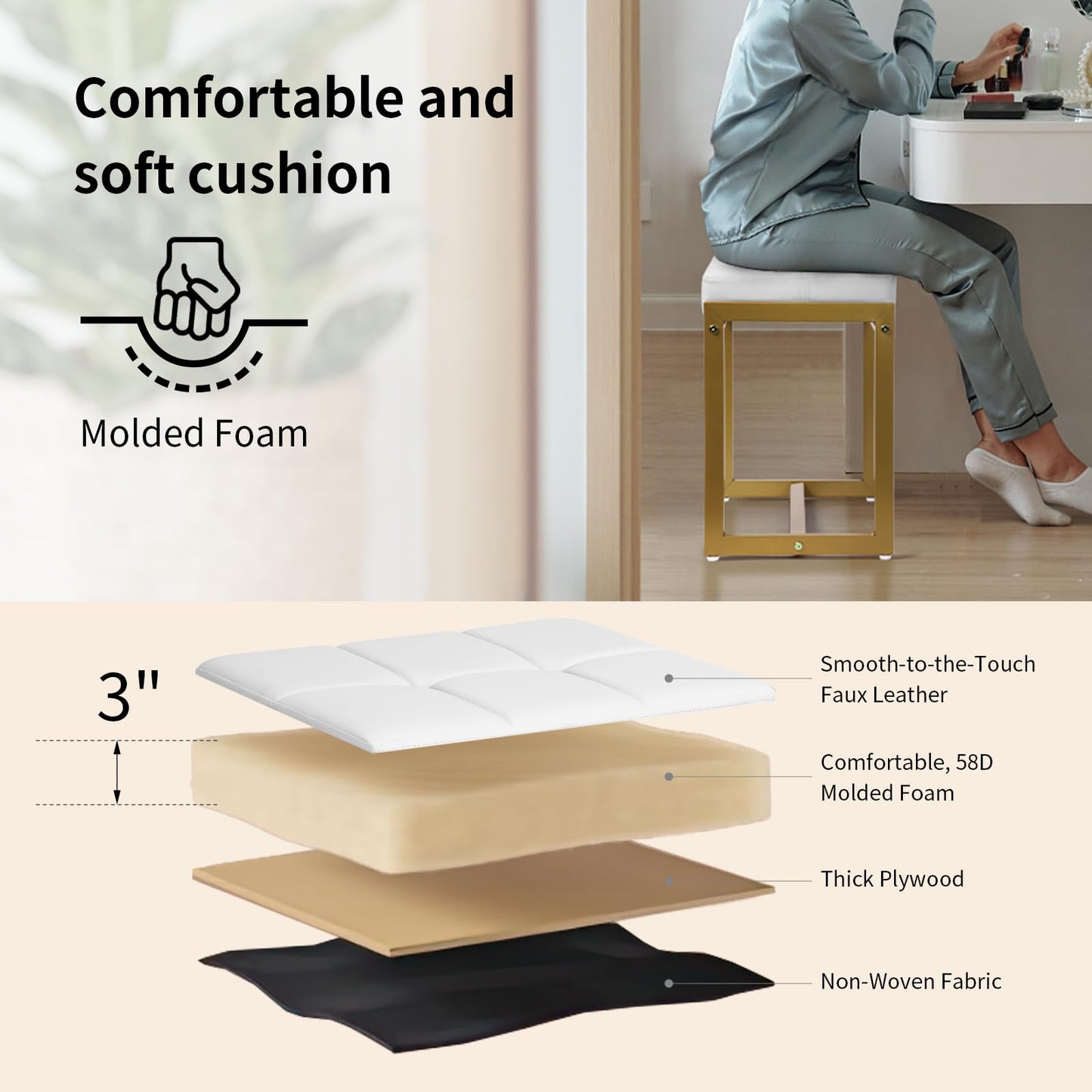FLYZC Vanity Stool, Vanity Chair Stools for Makeup Room, Faux Leather Small Makeup Bench, Modern Gold Metal Legs Ottoman Foot Rest for Bedroom Living Room, White & Gold