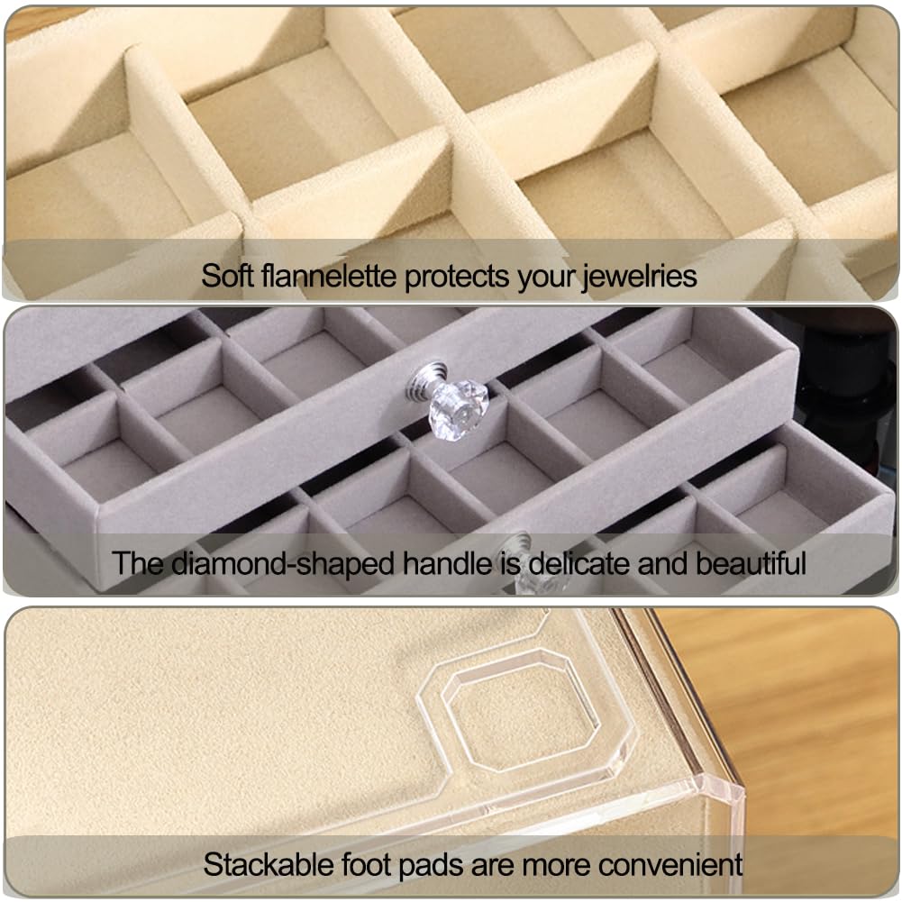 SPAKOWN Earring Box Holder Organizer Display Case, Clear Velvet Jewelry Storage Tray Organizer for Earring Ring Stud (Grey - 3 Drawers)