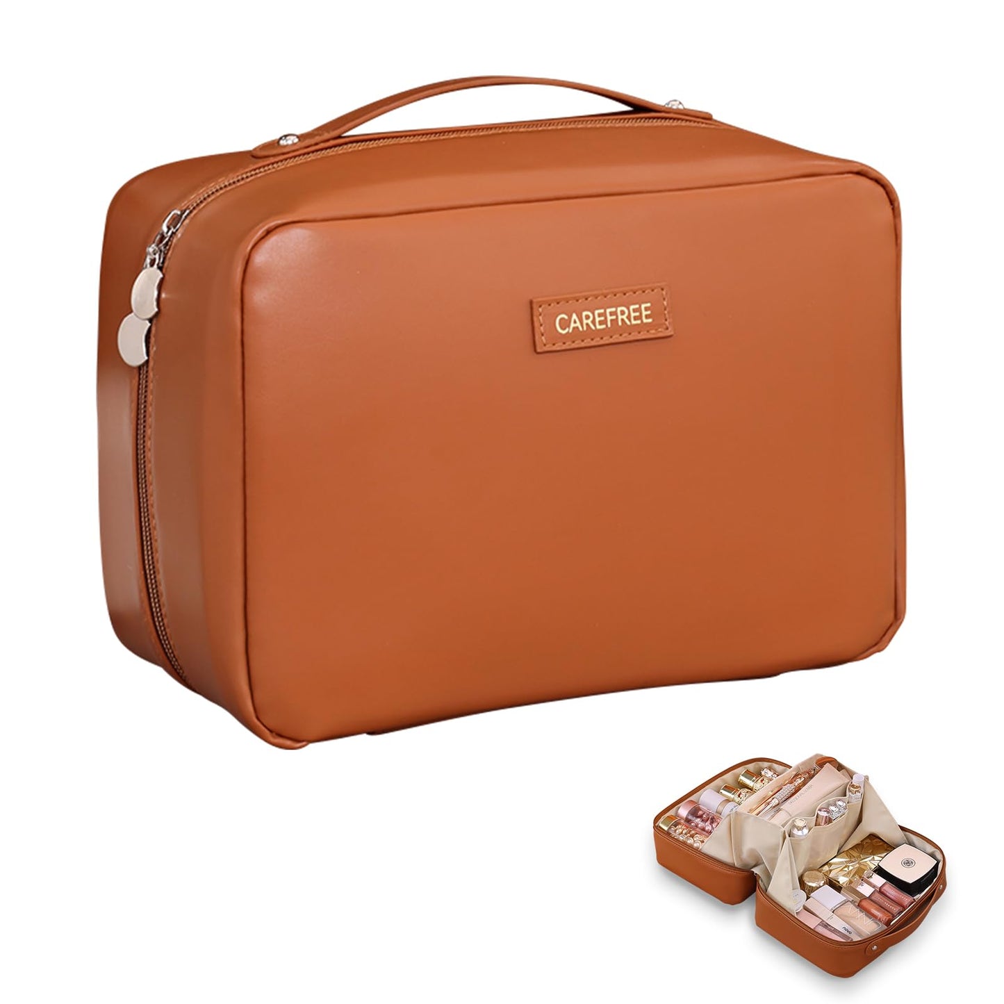 AUCCNT Travel Makeup Bag, Large Capacity Cosmetic Bags for Women, Waterproof Portable Pouch Open Flat Toiletry Bag Make up Bag (Brown)