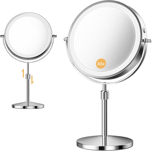 tubbede Makeup Mirror, 1X/30X Magnification with 3 Level LED Lights, 5000 mAh Rechargeable Double Sided 9” Magnifying Mirror with 360° Rotation, Perfect for Precision Grooming and Makeup, Women Gift