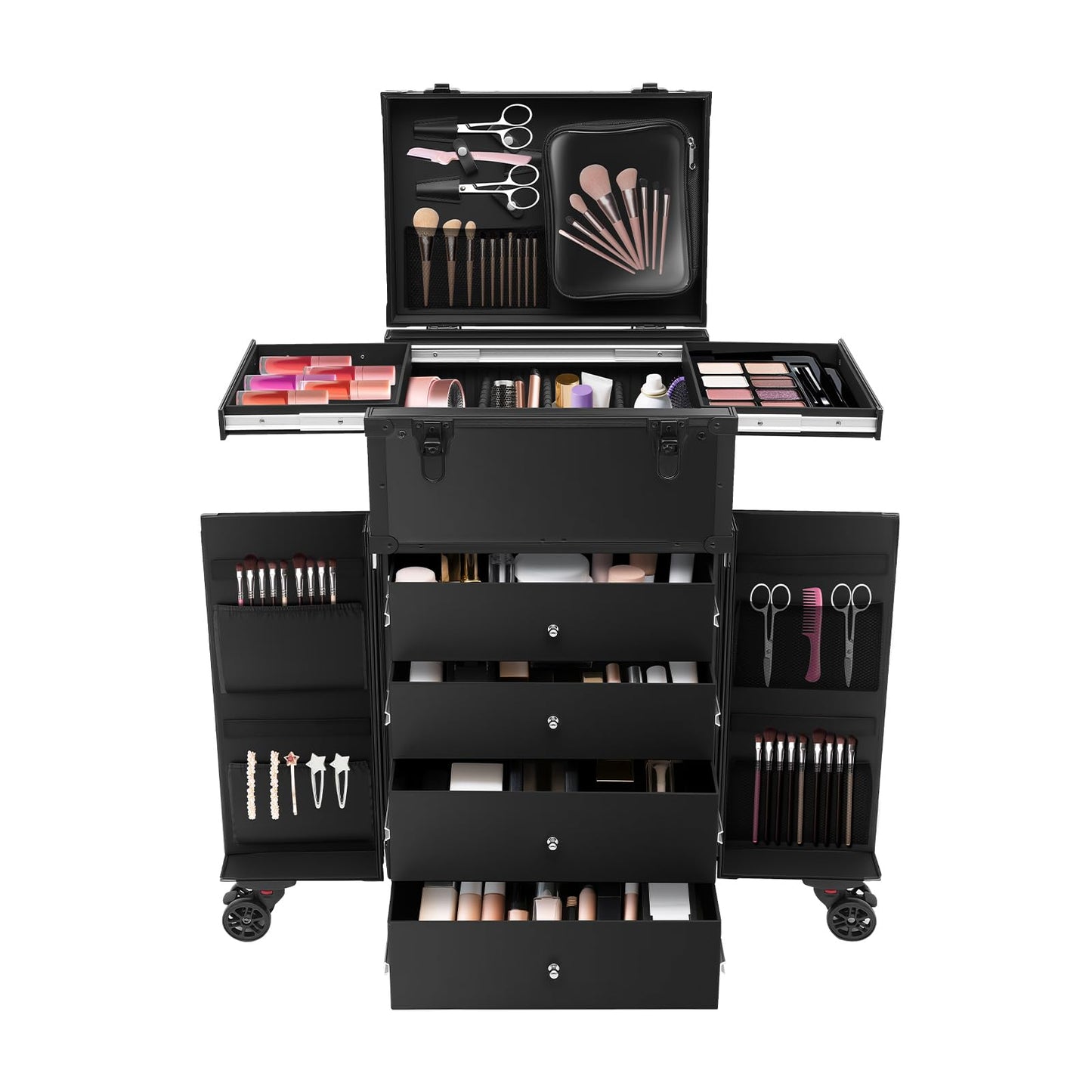 Professional Makeup Artist Travel Case, Cosmetic Train Rolling Makeup Case Case Hairstylist Trolley Travel Case Portable Make Up Station with 6 Wheels 4 Drawers for Makeup Artists Salon Travel