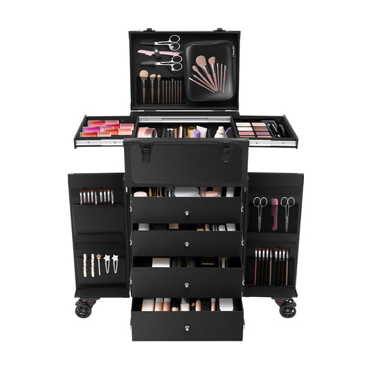 Professional Makeup Artist Travel Case, Cosmetic Train Rolling Makeup Case Case Hairstylist Trolley Travel Case Portable Make Up Station with 6 Wheels 4 Drawers for Makeup Artists Salon Travel