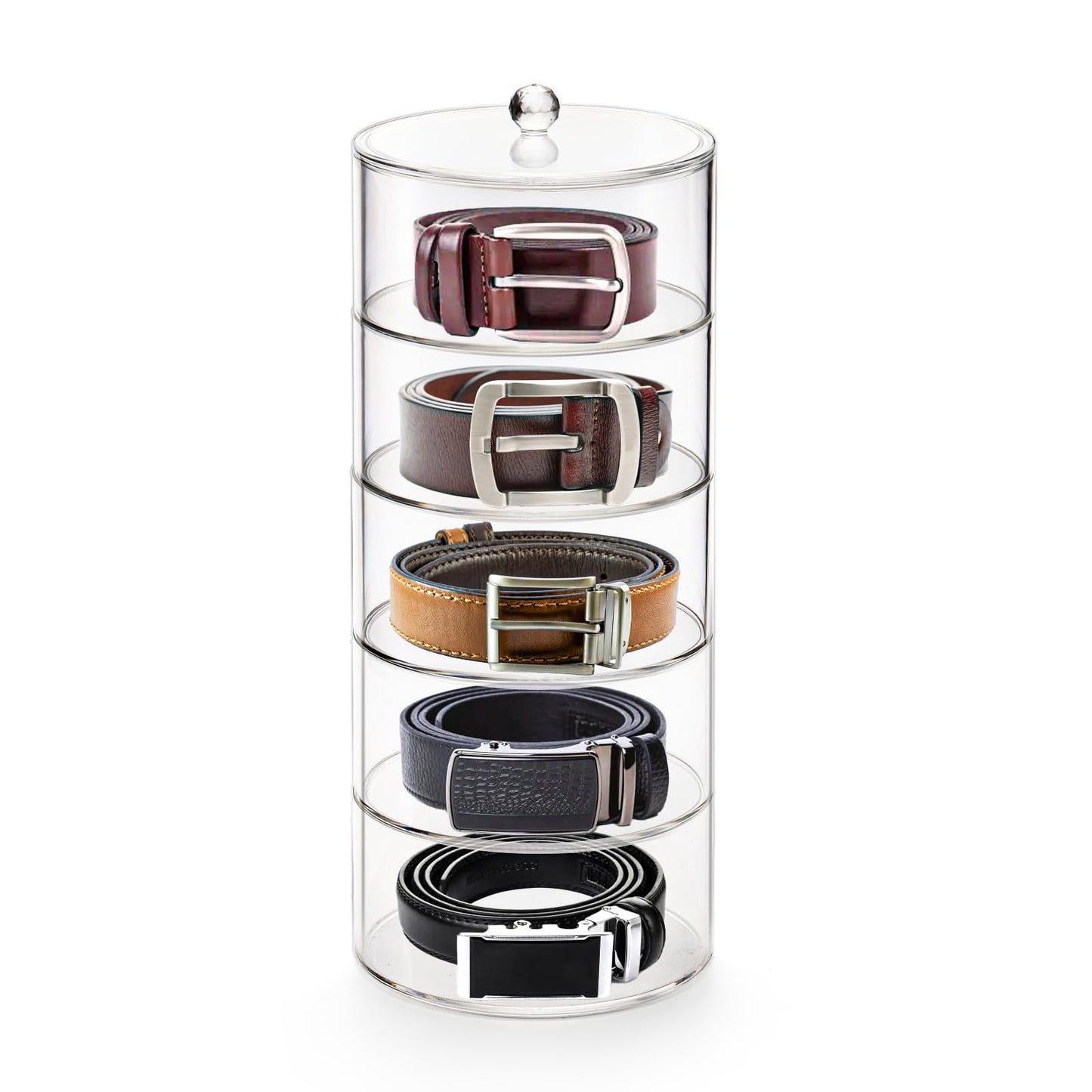 ZENFUN 5 Layers Acrylic Belt Organizer, Stackable Belt Storage Box Clear Display Case Vanity Organizer for Watch, Hair Accessories, Jewelry, Closet and Drawer, 2.6" H x 5.5" Dia