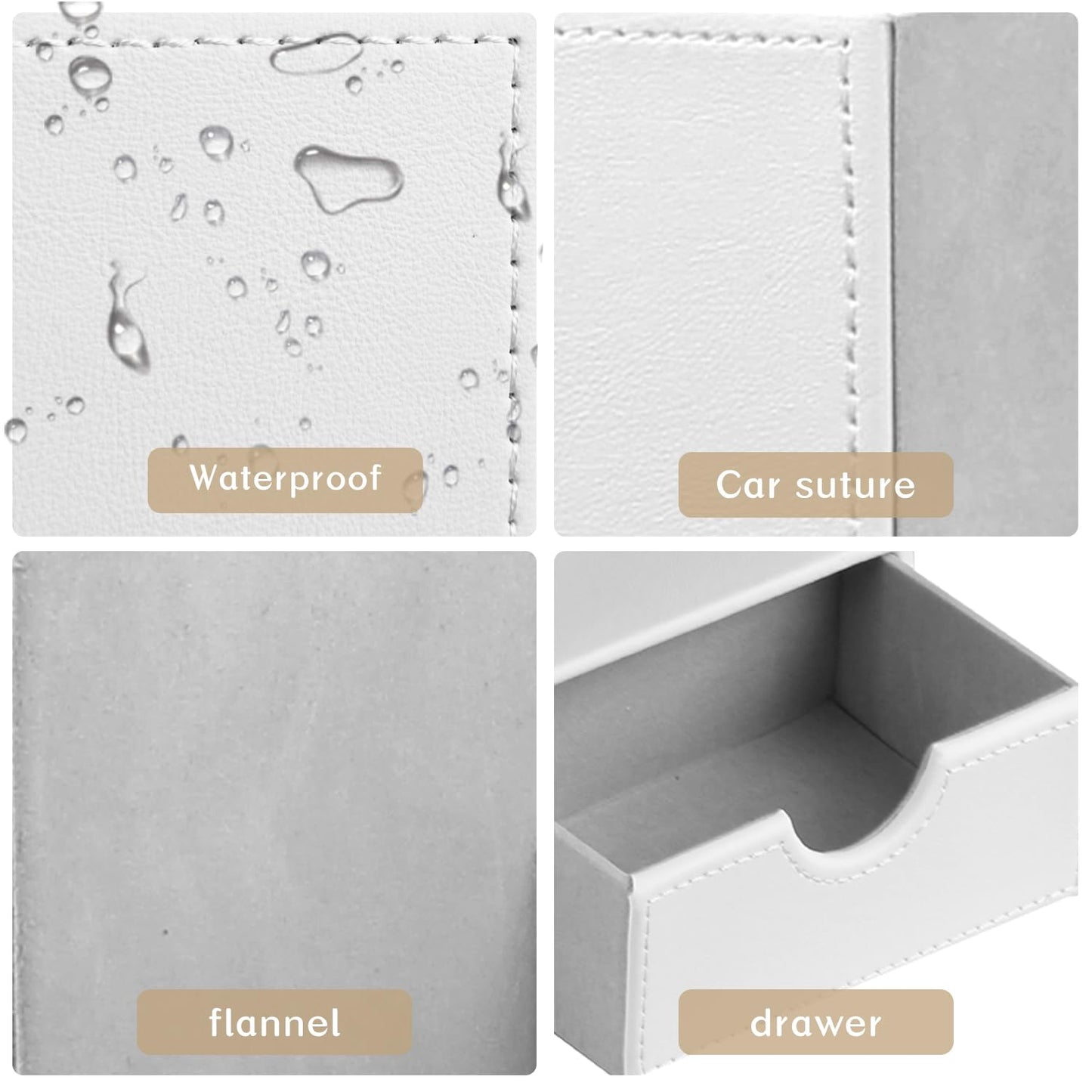 Leather Nightstand Organizer with Tissue Holder,White Square Tissue Box Cover with Organizer, Decorative Modern Facial Paper Storage Box for Bathroom Living Room Vanity Table Countertop Office