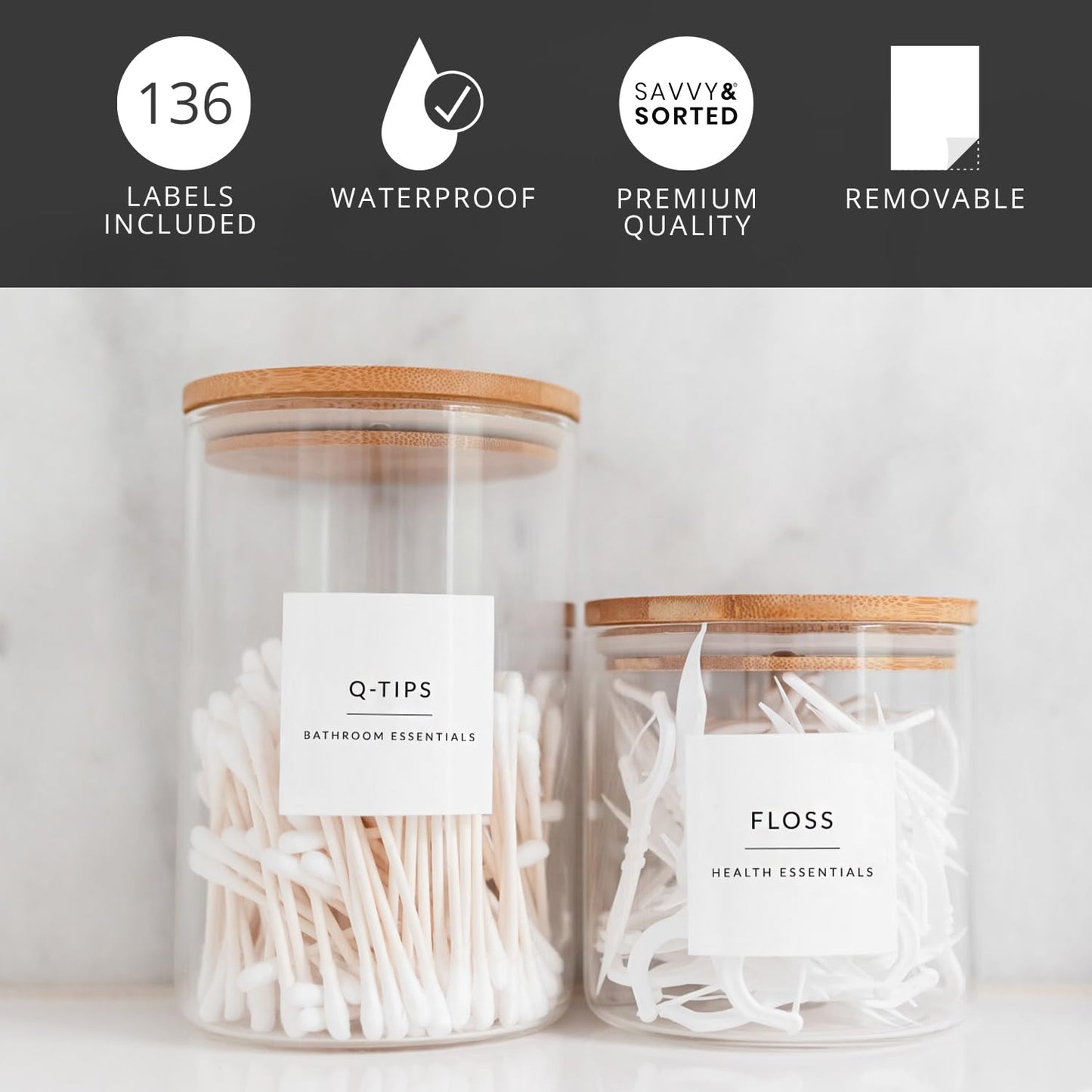 Minimalist Bathroom Labels for Organizing, 136 Preprinted Bath Room and Makeup Organizer Stickers, Waterproof Removable, Soap Shampoo Storage Supplies