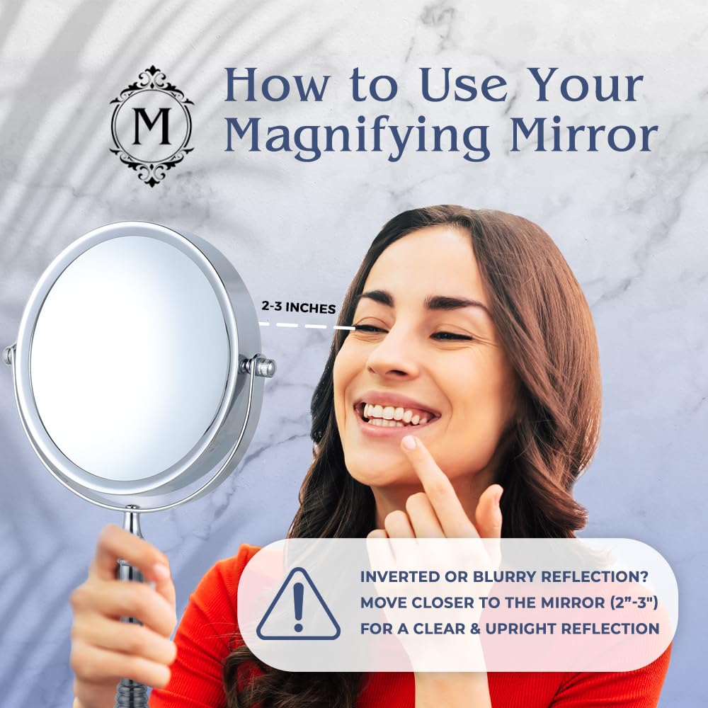 MIRRORVANA 15X Magnifying Makeup Mirror with Stand - Double-Sided 15X/1X Design - Suitable for Vanity Desk, Dressing Table, or Bathroom Countertop for Precise Make Up - 12" High x 6" Wide (Chrome)