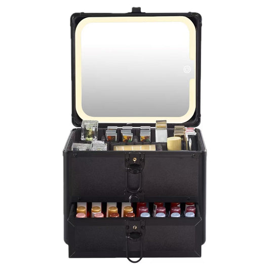 Leeora&Leekoo Makeup box with Drawer and lighted mirror travel train Case, cosmetic organizer with Adjustable Dividers and Magnetic led mirror (Black)