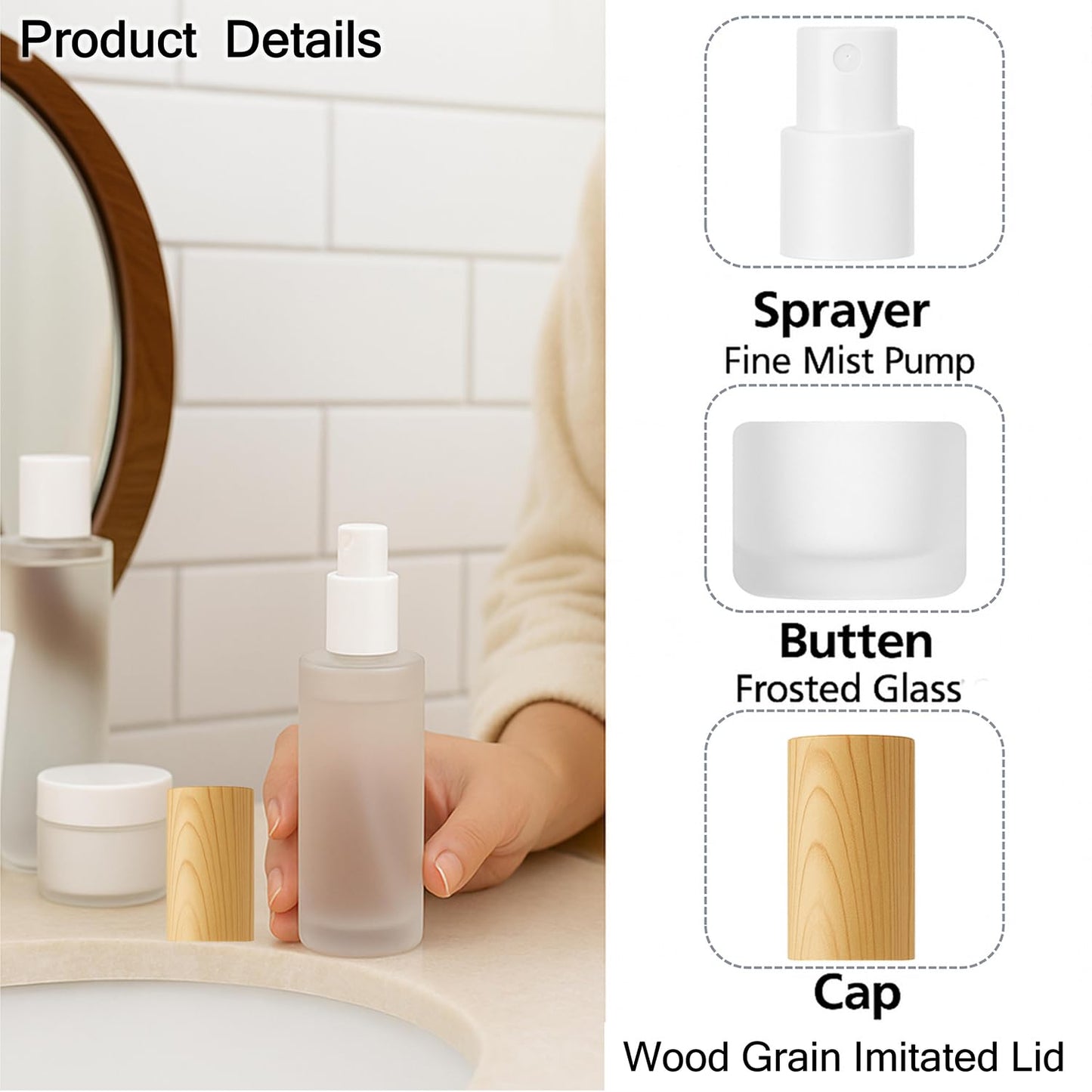 Doromy 4Packs 60ml/2Oz Frosted Glass Spray Bottle with Wood-like Cap Refillable Fine Mist Atomizer Portable Empty Cosmetic Container for Perfume, Essential Oils, Face Mist, Travel, Skincare