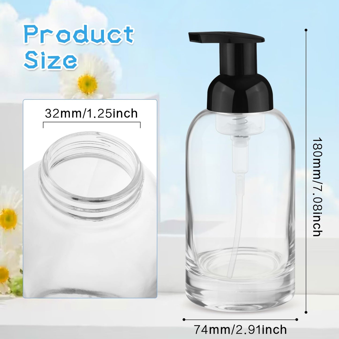 DynnnDy 350ml 2Pcs Premium Glass Foam Pump Bottles Travel Foaming Dispenser for Body Wash,Shampoo,Toiletries,Dish Liquid Soap