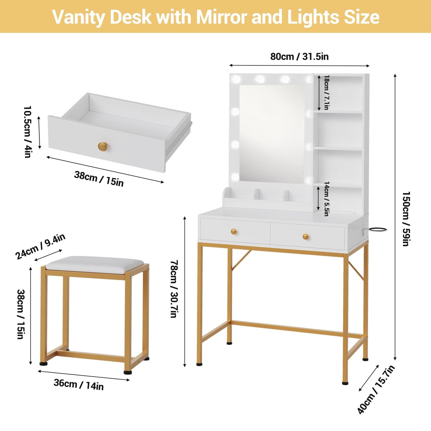 GarveeHome Vanity Desk with Mirror and Lights, Makeup Vanity Table with Chair & Charging Station, Makeup Vanity Set with 3 Lighting Color Adjustable Dressing Table for Bedroom,White