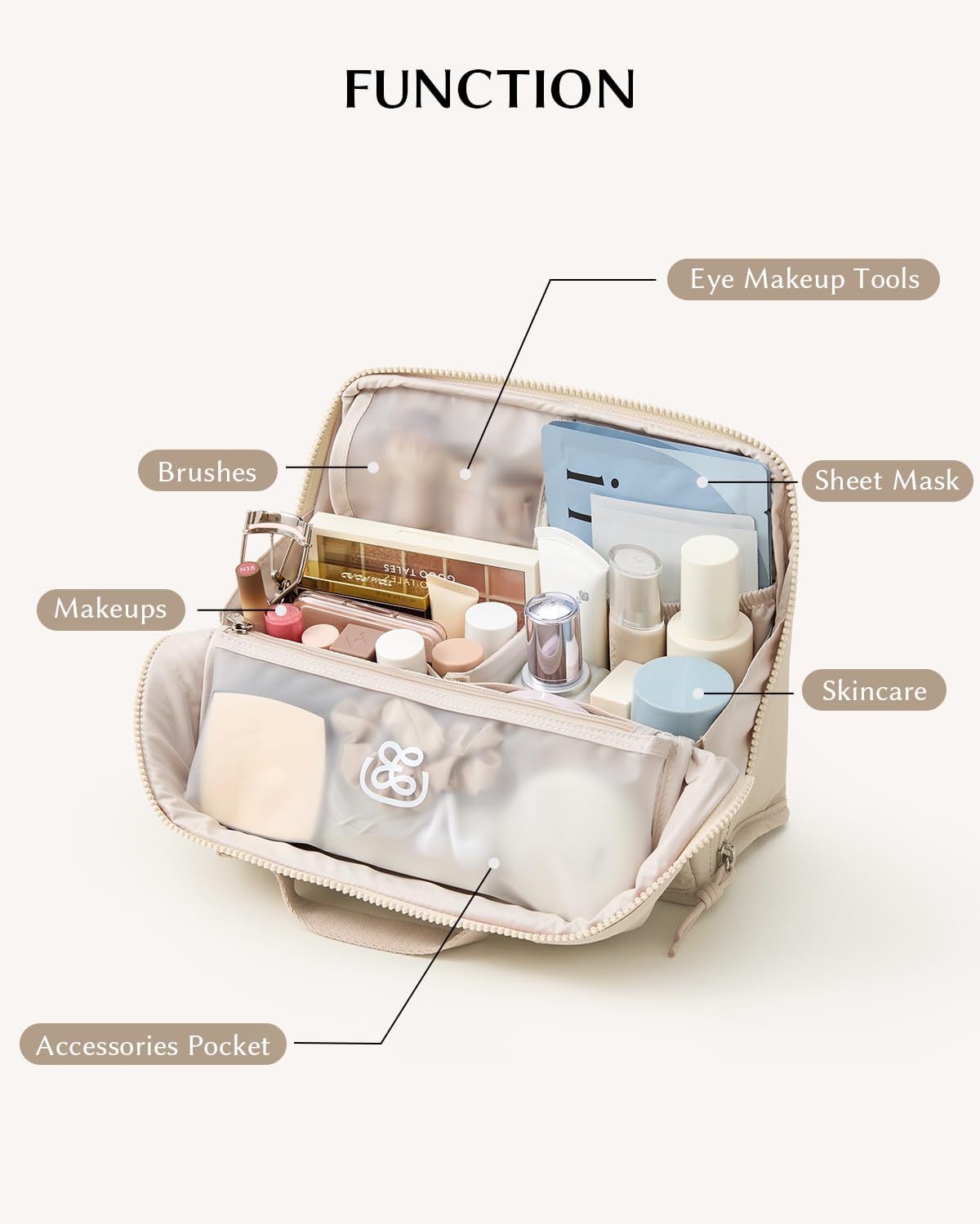 EACHY Standing Makeup Bag - Large Waterproof Cosmetic Bag & Toiletry Bag Organizer with Phone Holder, Detachable Dividers, Wipe-Clean Brush Pouch for Women