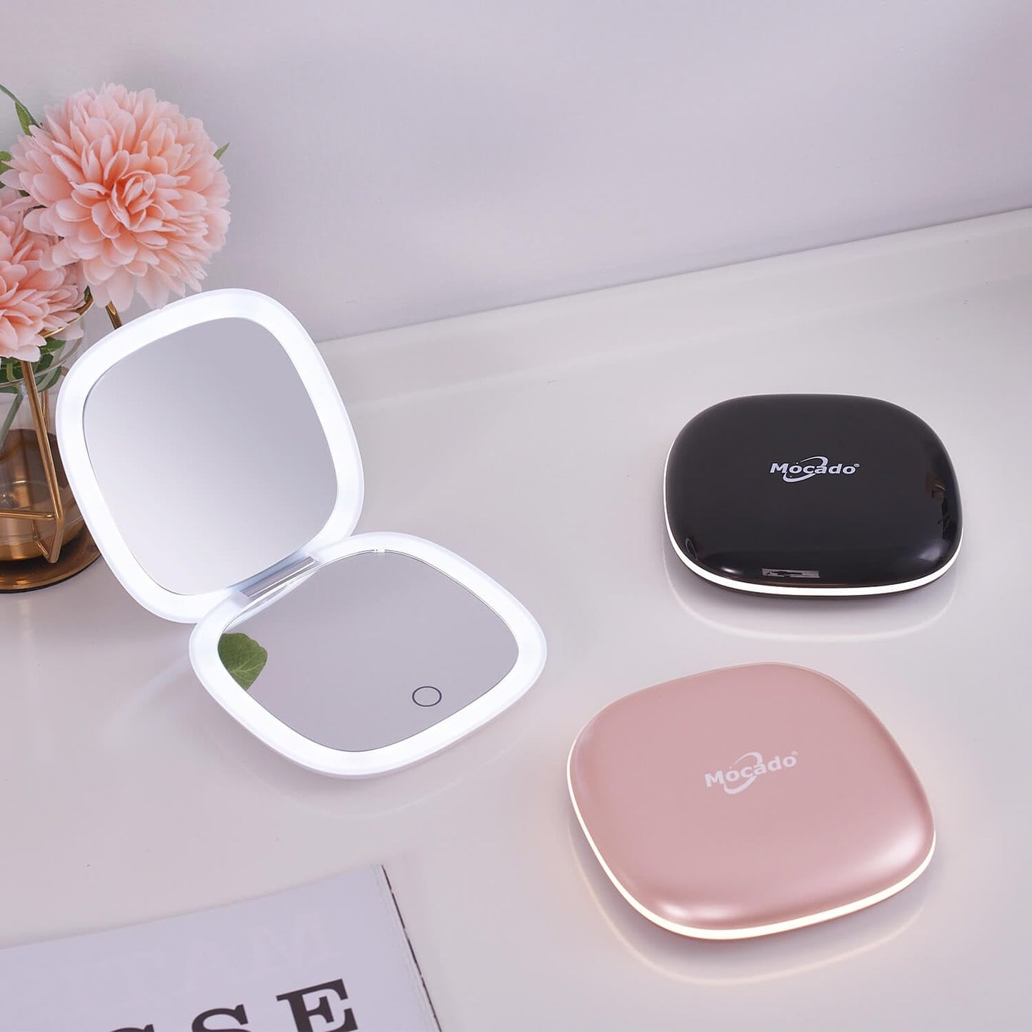 Mocado Compact LED Magnifying Travel Makeup-Mirror - 4 inches 1X/10X Magnification Small Hand Pocket Dimmable Double Sided USB Rechargeable Touch Screen, Portable Tabletop Cosmetic (White)