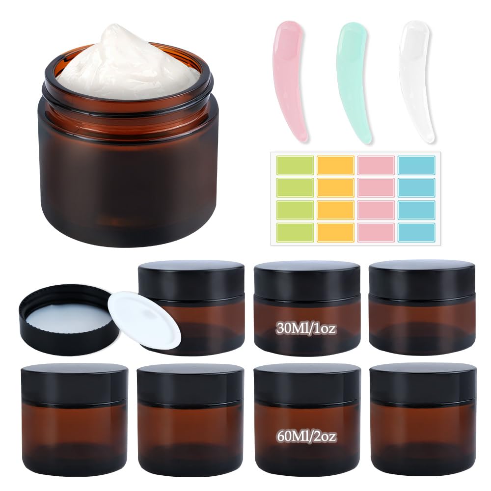 8PCS Amber Glass Jars, 1oz/2oz Cosmetic Containers with Inner Liners and Lids, Empty Round Sample Container with Label, Refillable Travel Jar for Cosmetics, Lotions, Creams