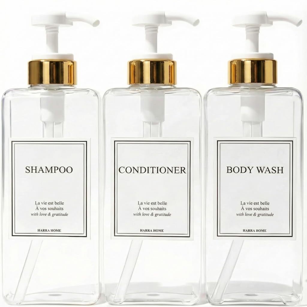 Modern Gold Design Shampoo and Conditioner Dispenser, Large 27oz Shower Soap Dispenser, Set of 3 Refillable Empty Plastic Pump Bottles for Bathroom, 6 Waterproof Labels Included, (Clear & White)