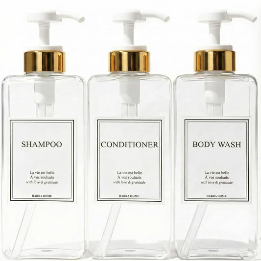 Modern Gold Design Shampoo and Conditioner Dispenser, Large 27oz Shower Soap Dispenser, Set of 3 Refillable Empty Plastic Pump Bottles for Bathroom, 6 Waterproof Labels Included, (Clear & White)