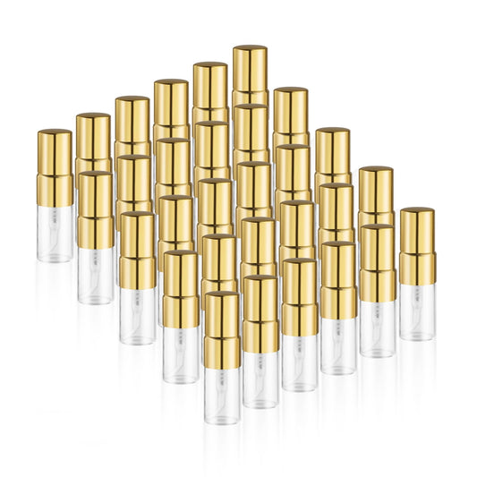 BOSMIOW 30Pcs 2ml Empty Clear Glass Mist Spray Bottle with Golden Aluminized Nozzle,Refillable Mini Perfume Atomizer,Travel Sample Liquid Bottle,Makeup Container for Perfume,Air Fresheners,