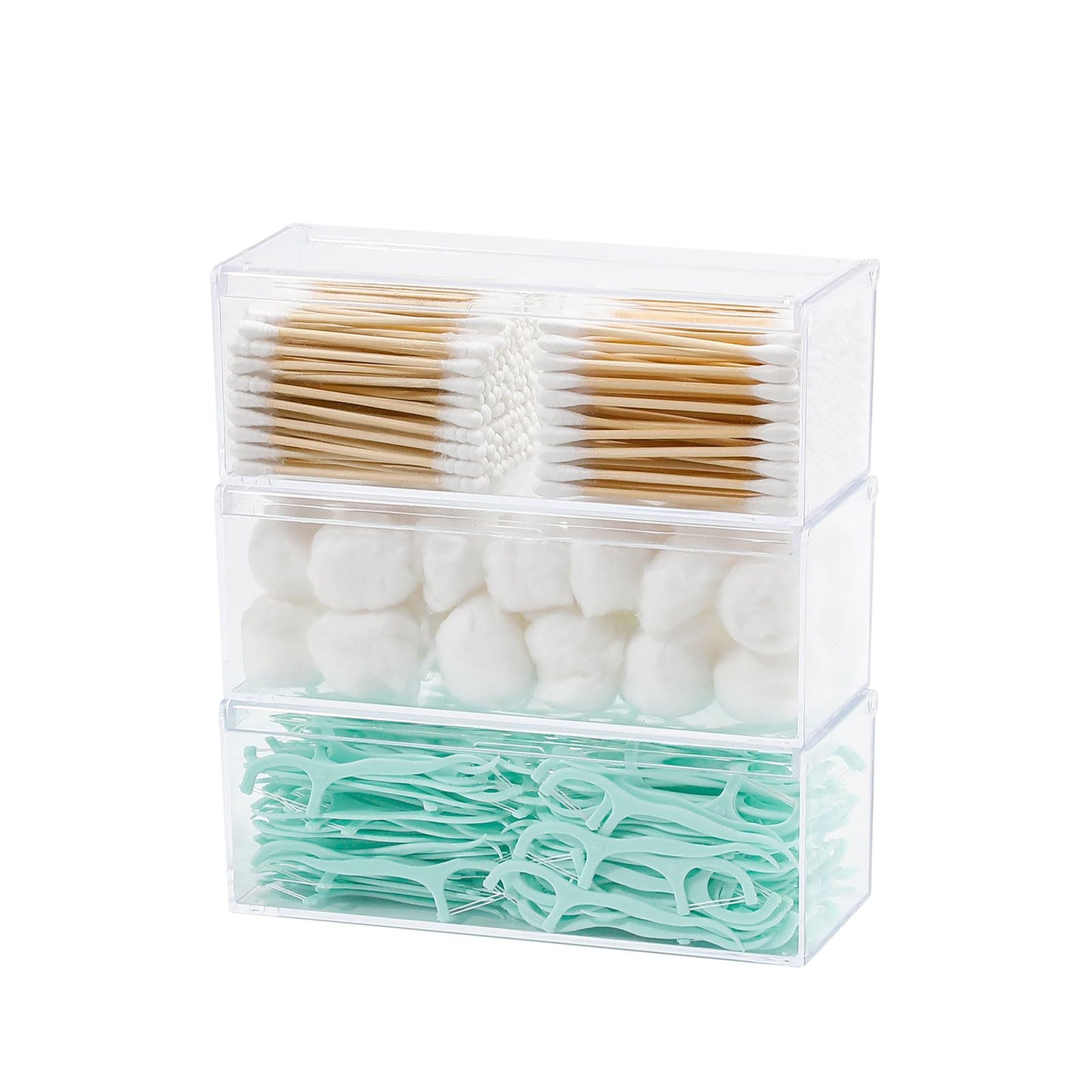GOXITAX 3 Pack Qtip Organizer Container with Lid, Plastic Bathroom Vanity Storage Canister for Cotton Swabs and Balls, Makeup Sponges, Hair Clips, Clear Counter and Desk Drawer Holder