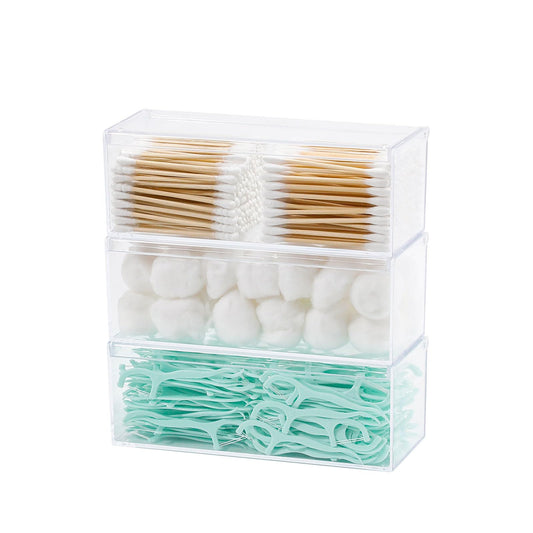 GOXITAX 3 Pack Qtip Organizer Container with Lid, Plastic Bathroom Vanity Storage Canister for Cotton Swabs and Balls, Makeup Sponges, Hair Clips, Clear Counter and Desk Drawer Holder