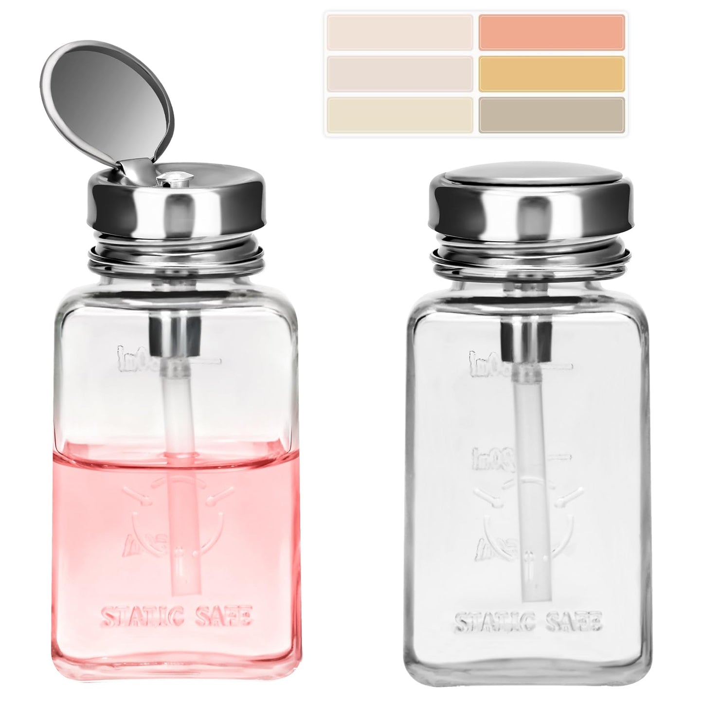 2PCS 6Oz/180ML Clear Glass Pump Dispenser Bottle, Metal Flip Top Press Container, Refillable Liquid Dispenser for Nail Polish Remover, Makeup Remover & Alcohol - Leak-Proof for Home, Salon & Travel