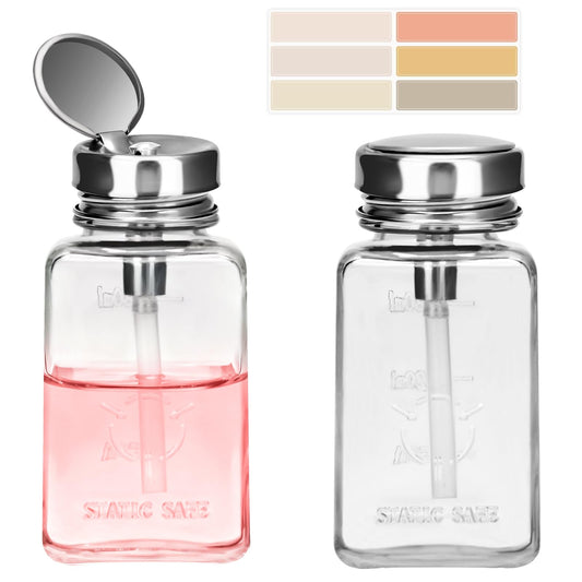 2PCS 6Oz/180ML Clear Glass Pump Dispenser Bottle, Metal Flip Top Press Container, Refillable Liquid Dispenser for Nail Polish Remover, Makeup Remover & Alcohol - Leak-Proof for Home, Salon & Travel
