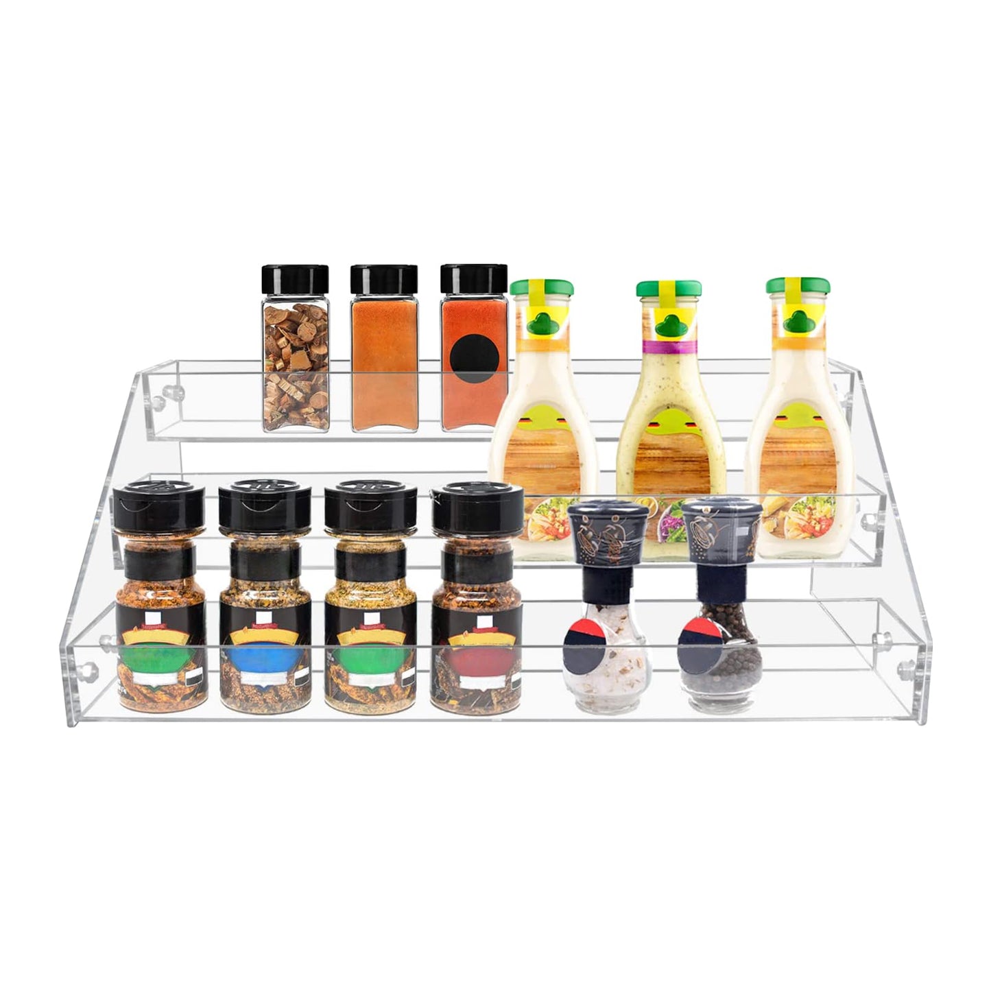 PMMASTO Tiered Spice Rack, Seasoning Organizer, Clear Acrylic Vertical Shelves Can Organizer for Countertop, Cabinet, Pantry, Kitchen Organization and Storage - 3 Tier