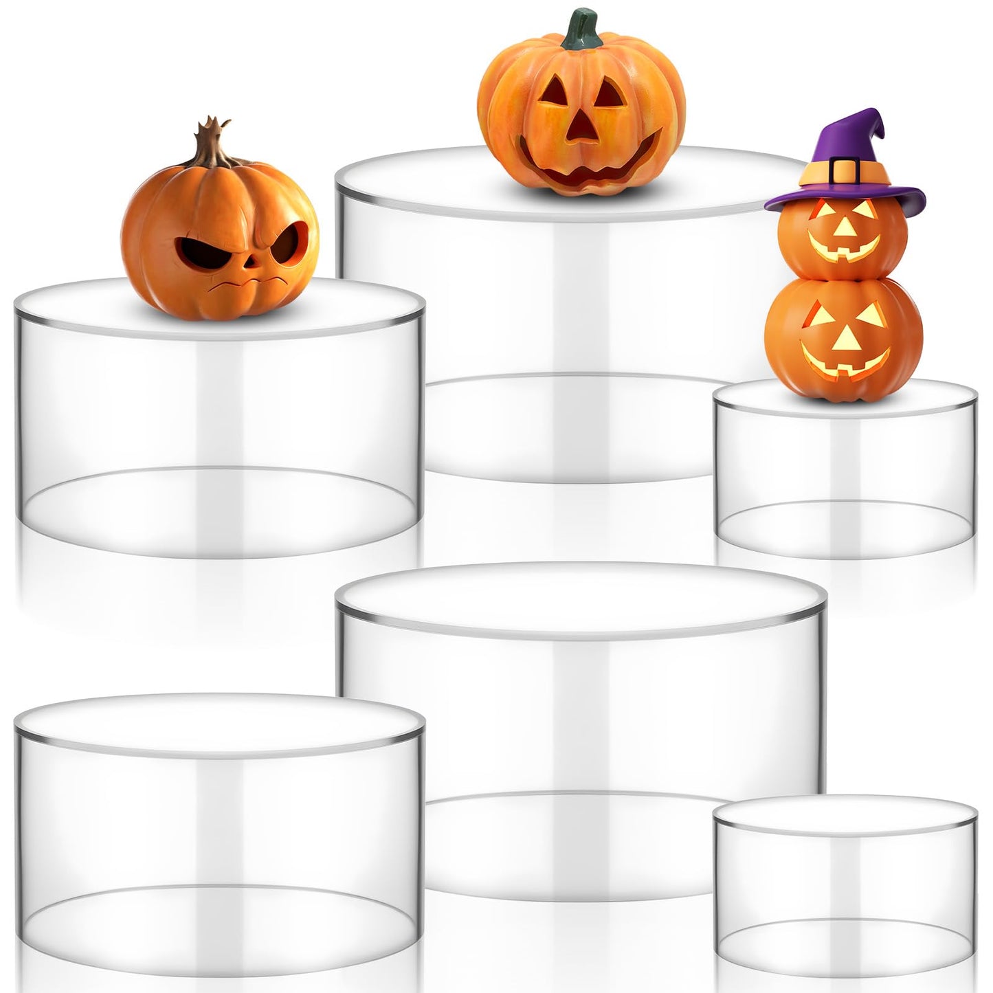 Xaajooio 6 Pcs Acrylic Display Risers, Clear Round Nesting Pedestal Stands with Hollow Bottom, 3 Sizes 5.91'' 5.12'' 3.54'' for Jewelry Dessert Buffet and Party Display
