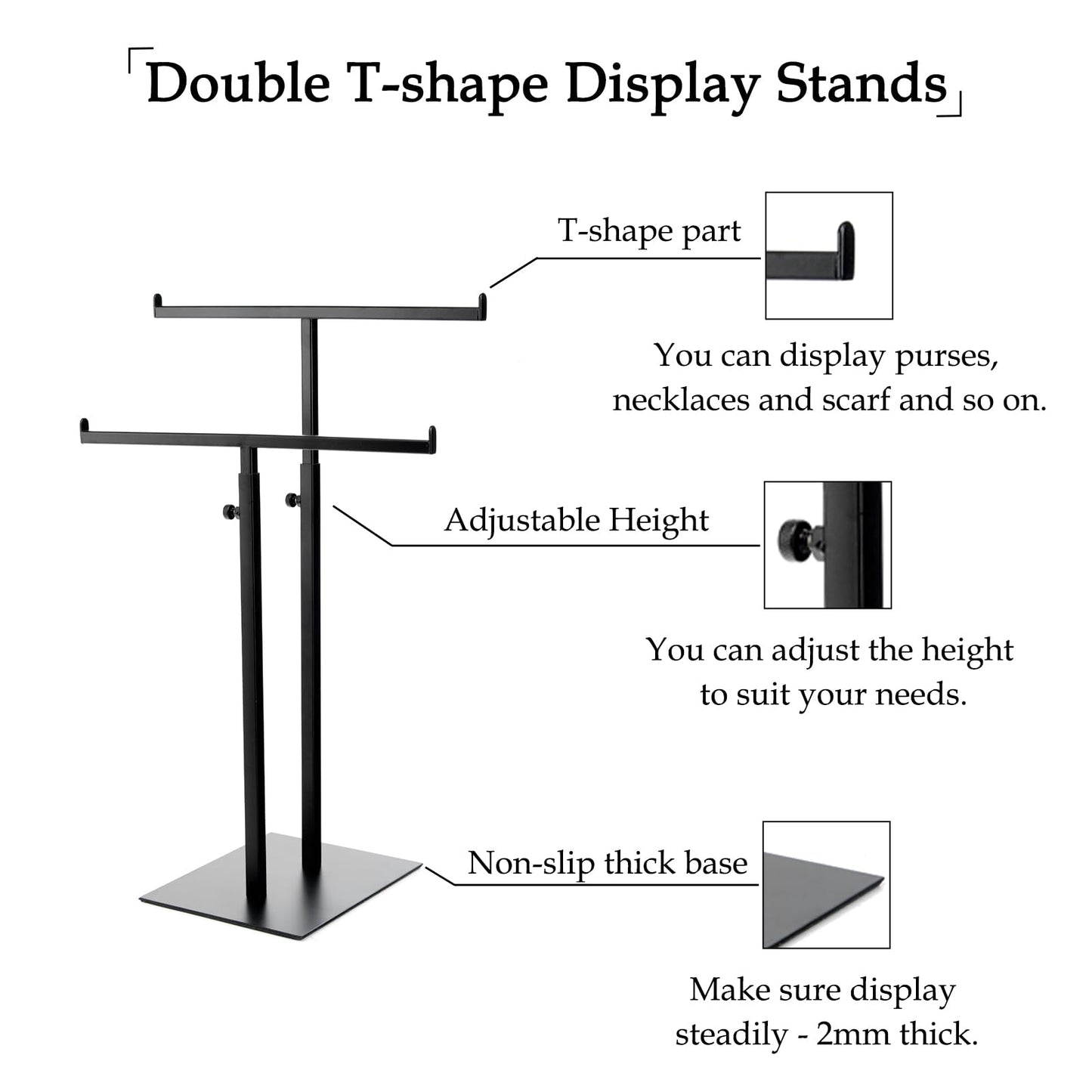 Purse Display Stand Jewelry Towers, Black Double T-Shaped Tabletop Stainless Steel Hook Hanging Adjustable Height Handbag Holder for Organizer Luxury Bags Necklaces Home Store Boutique Retail Closet