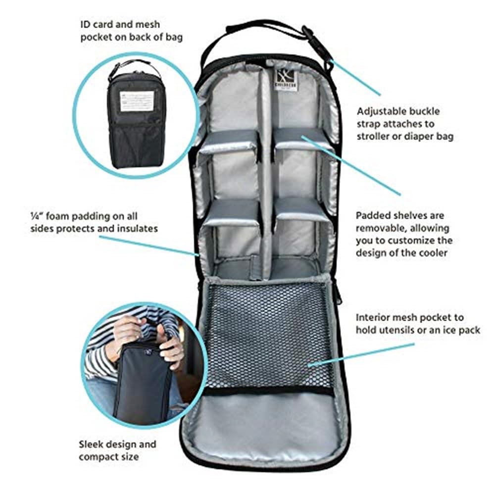 J.L. Childress Pack 'N Protect for Baby Bottles - Insulated Breast Milk Cooler Travel Bag for Moms, Portable Storage for Glass Baby Bottles & Food Containers, For Daycare or On the Go - Black